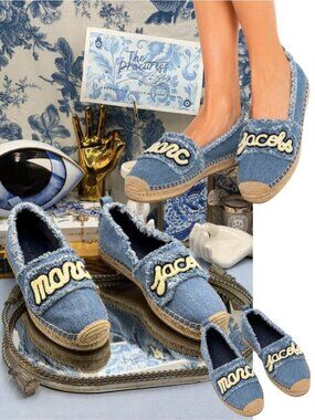 🆕 MARC JACOBS 🧿 NWOB The Marc Frayed Embroidered Logo Espadrille, Denim - Sz 7